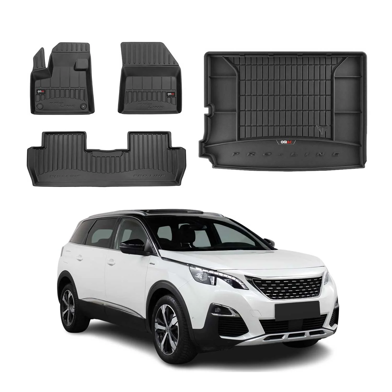 OMAC Fußmatten & Kofferraumwanne Set für Peugeot 5008 2017-2024 Gummi Schwarz 4x