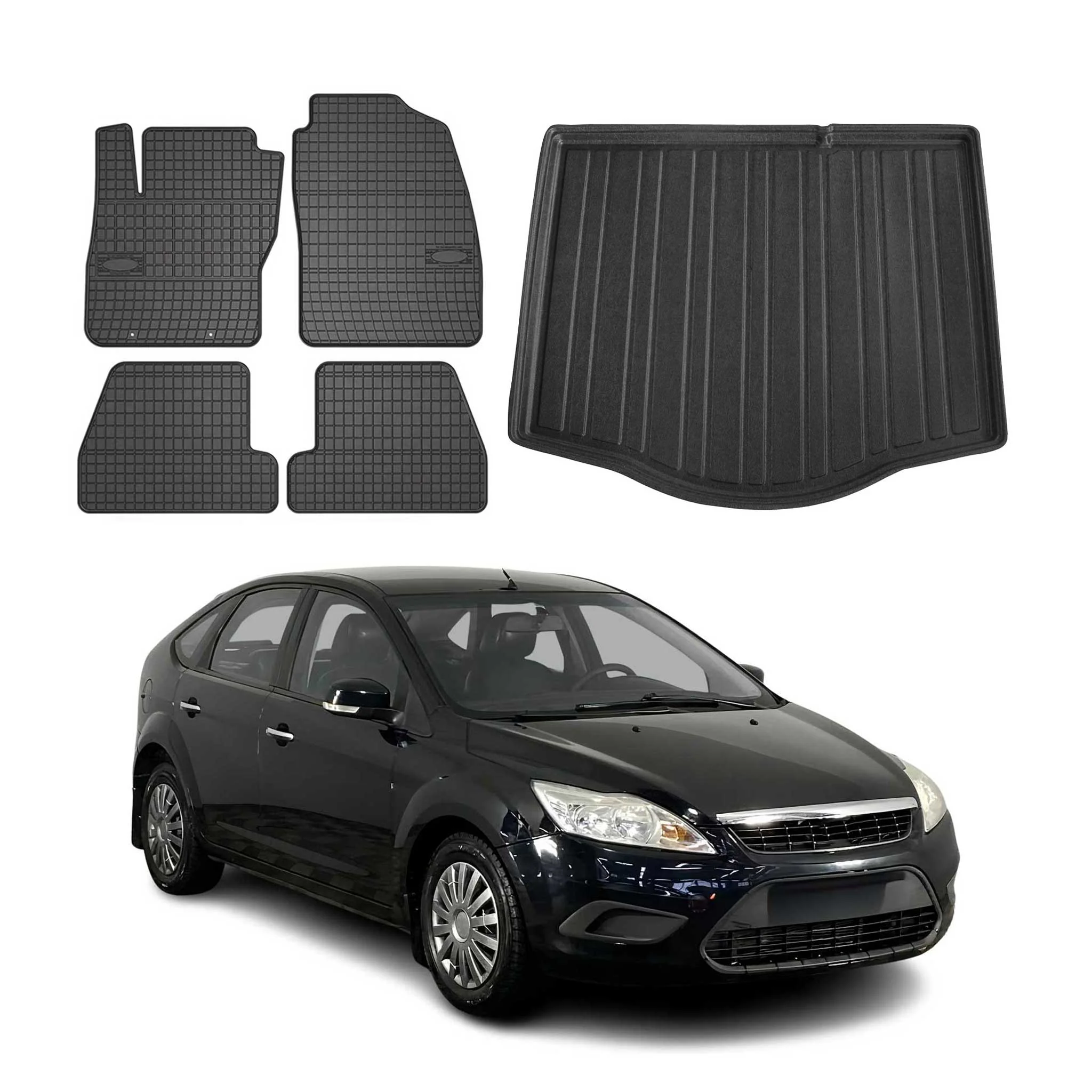 Fußmatten & Kofferraumwanne Set für Ford Focus mk2 2004-2011 Fünftürer Gummi 5x