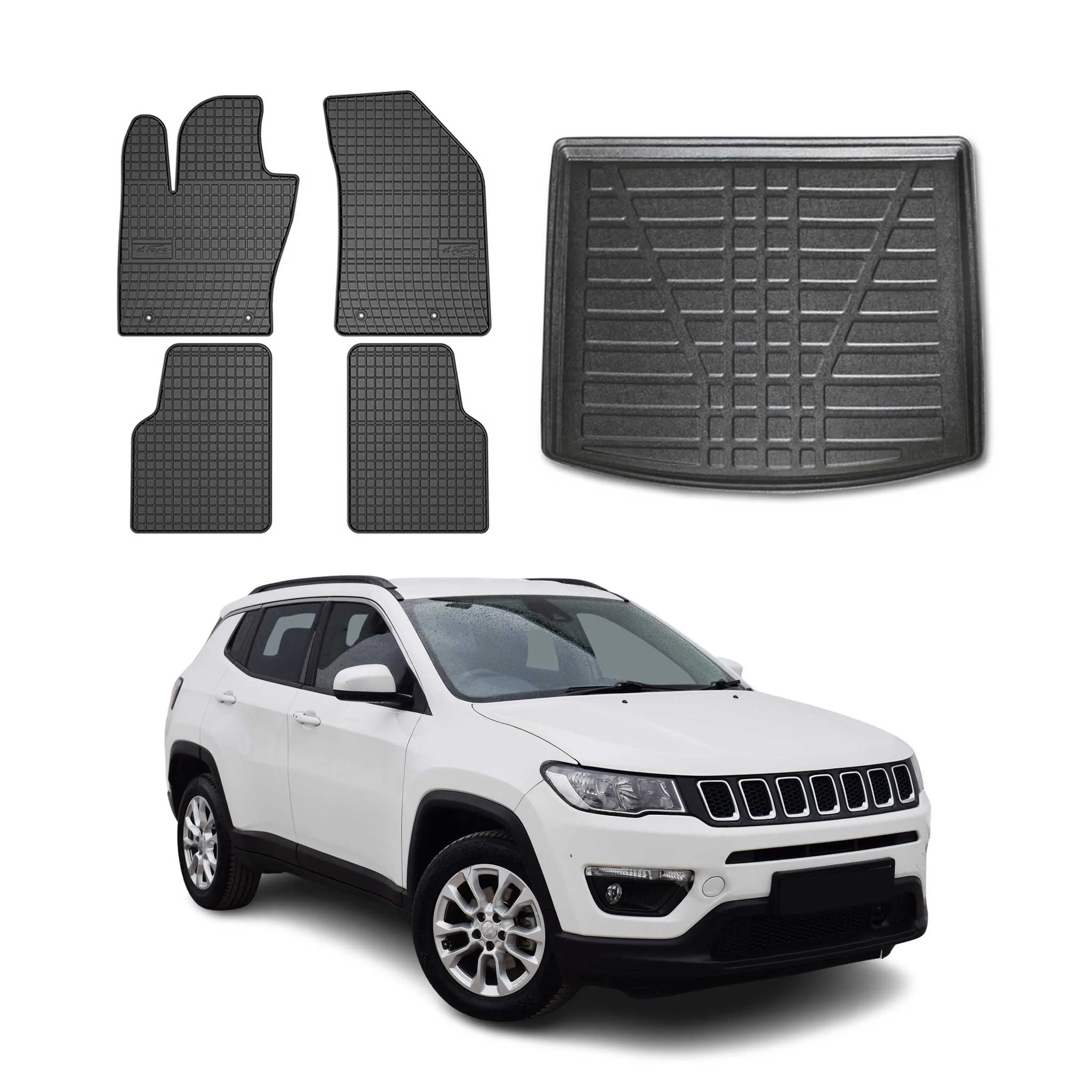 Fußmatten & Kofferraumwanne Set für Jeep Compass 2017-2025 Gummi TPE Schwarz 5x