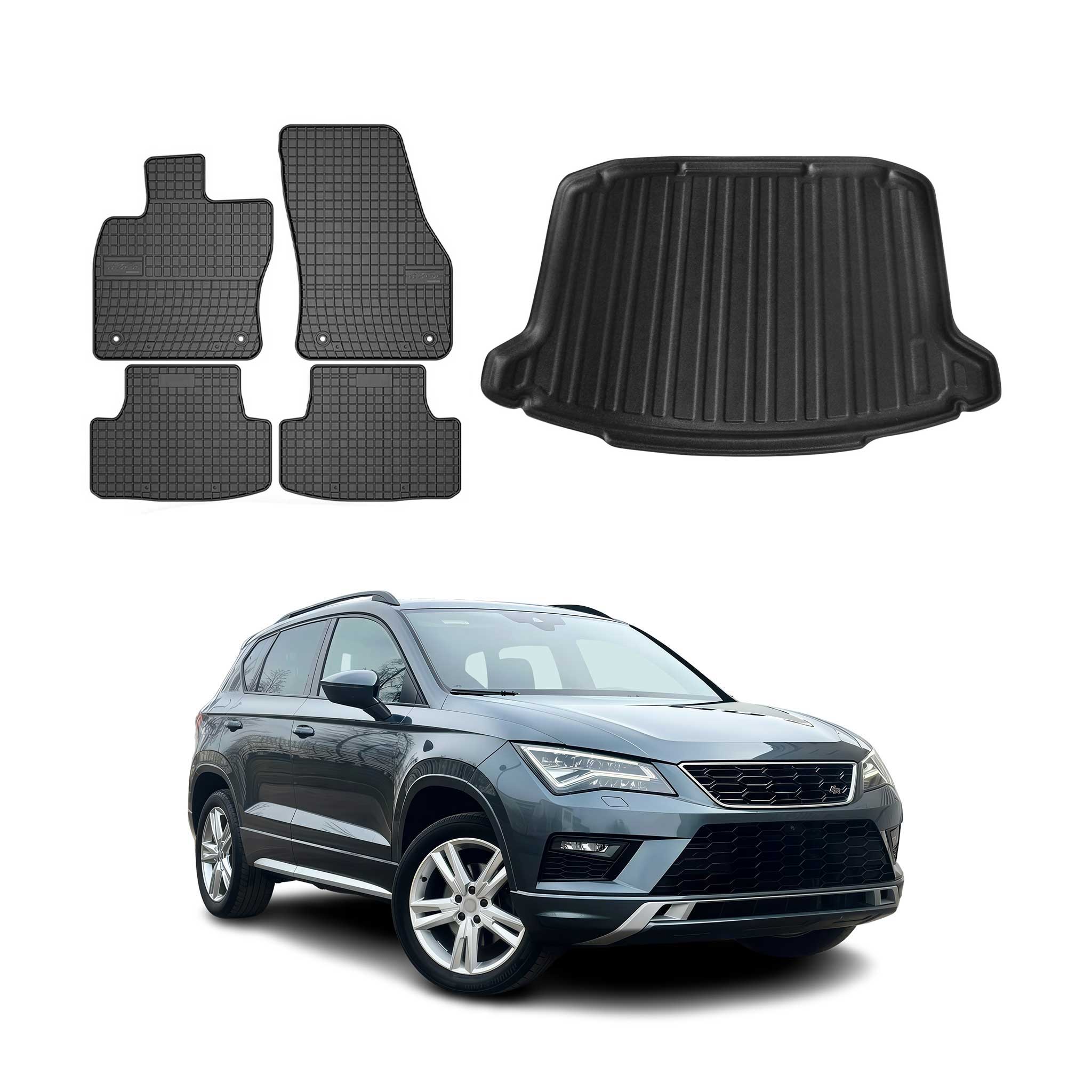 Fußmatten & Kofferraumwanne Set für Seat Ateca 2016-2026 Gummi TPE Schwarz 5x