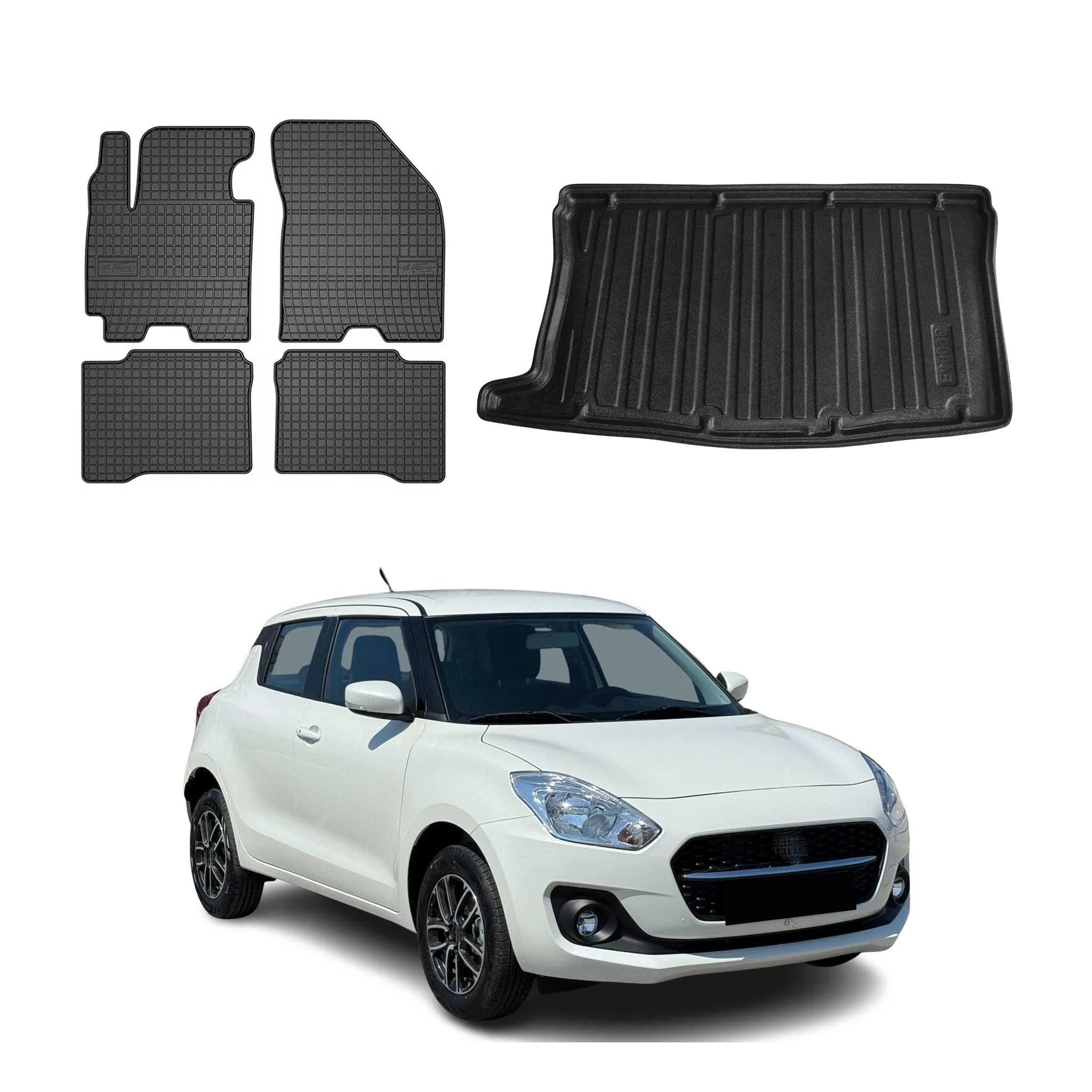 Fußmatten & Kofferraumwanne Set für Suzuki Swift 2017-2024 Gummi TPE Schwarz 5x