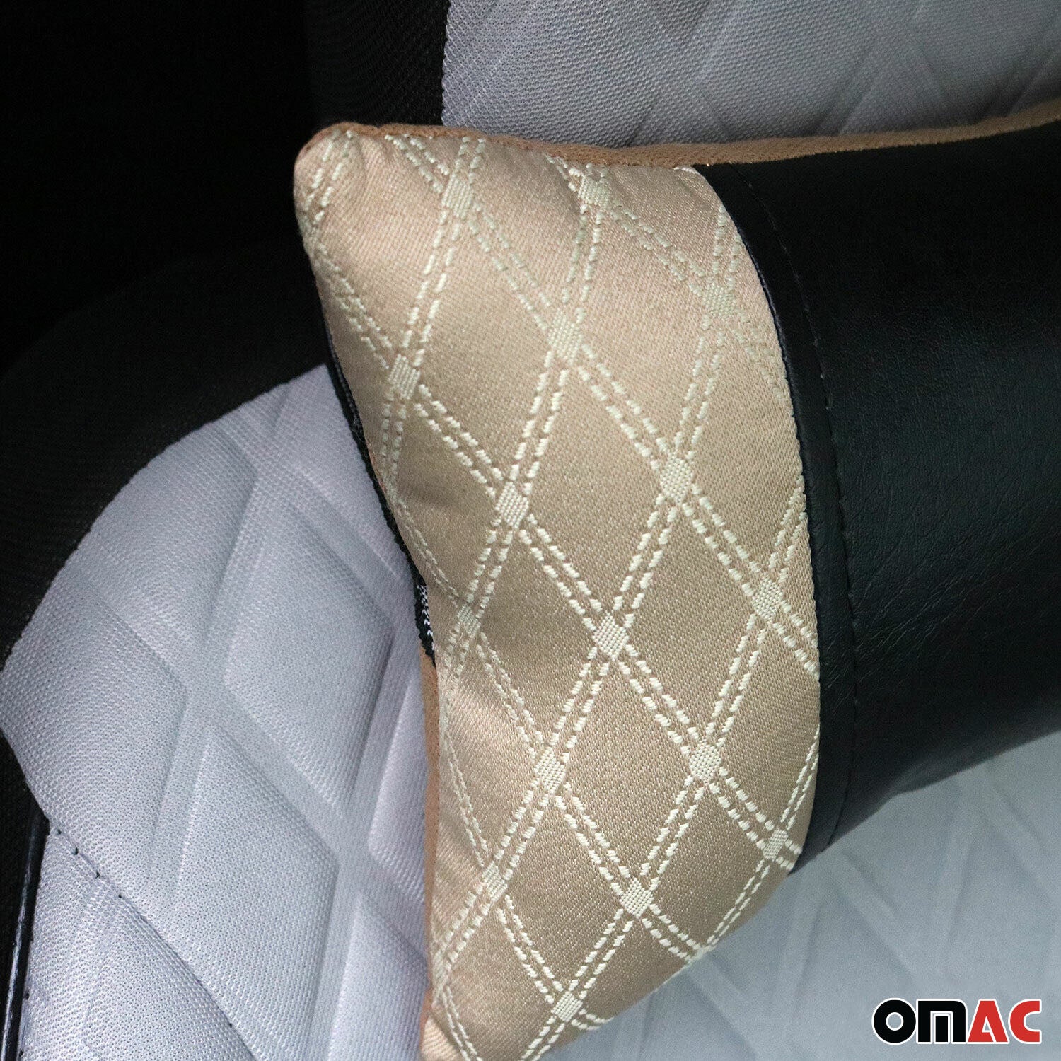 KFZ Auto Kopfstütze Sitzkissen Nackenstütze Textil & Leder Beige Schwarz 8x30 cm - Image 3