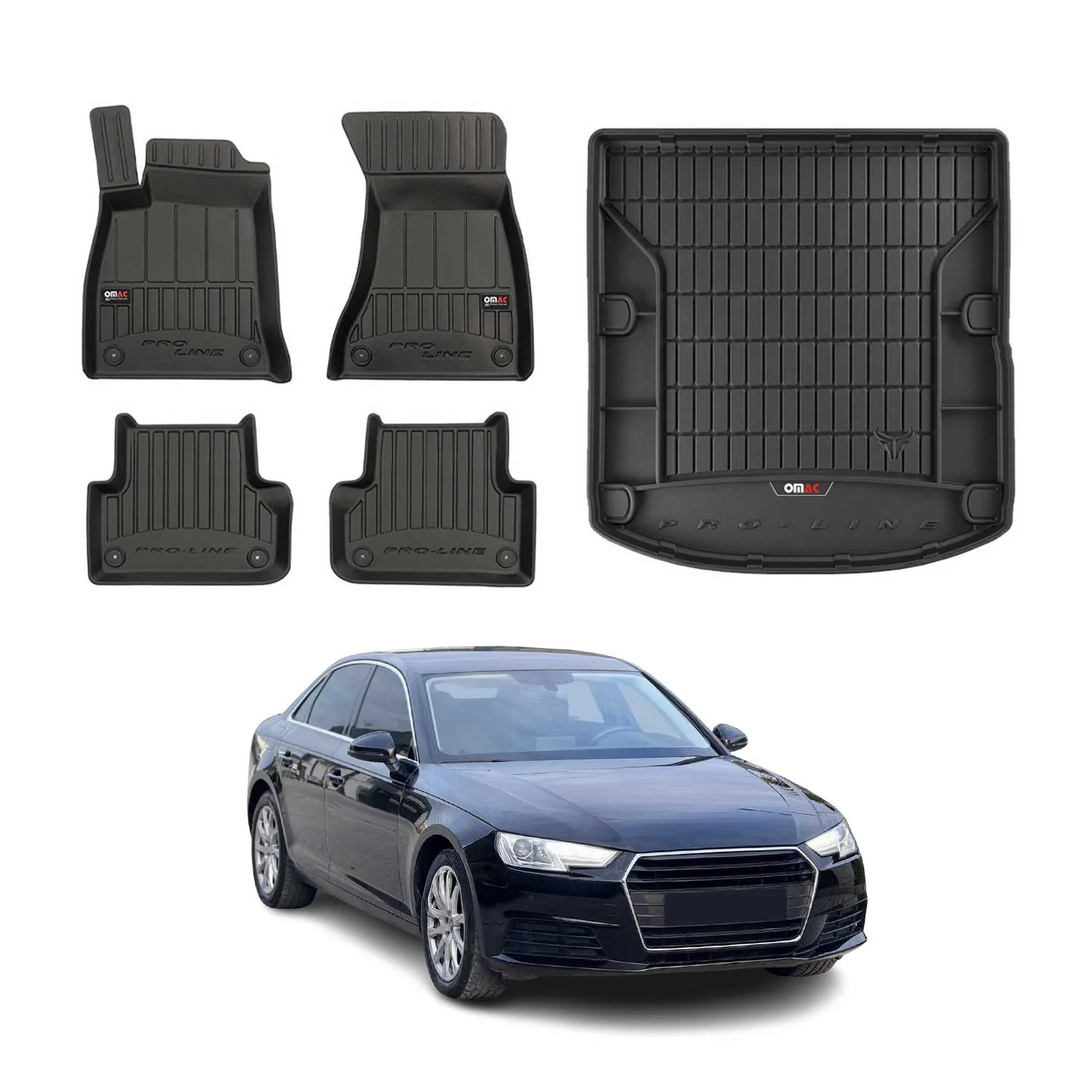 OMAC Fußmatten & Kofferraumwanne Set für Audi A4 B9 Limo 2016-2025 Gummi 5x