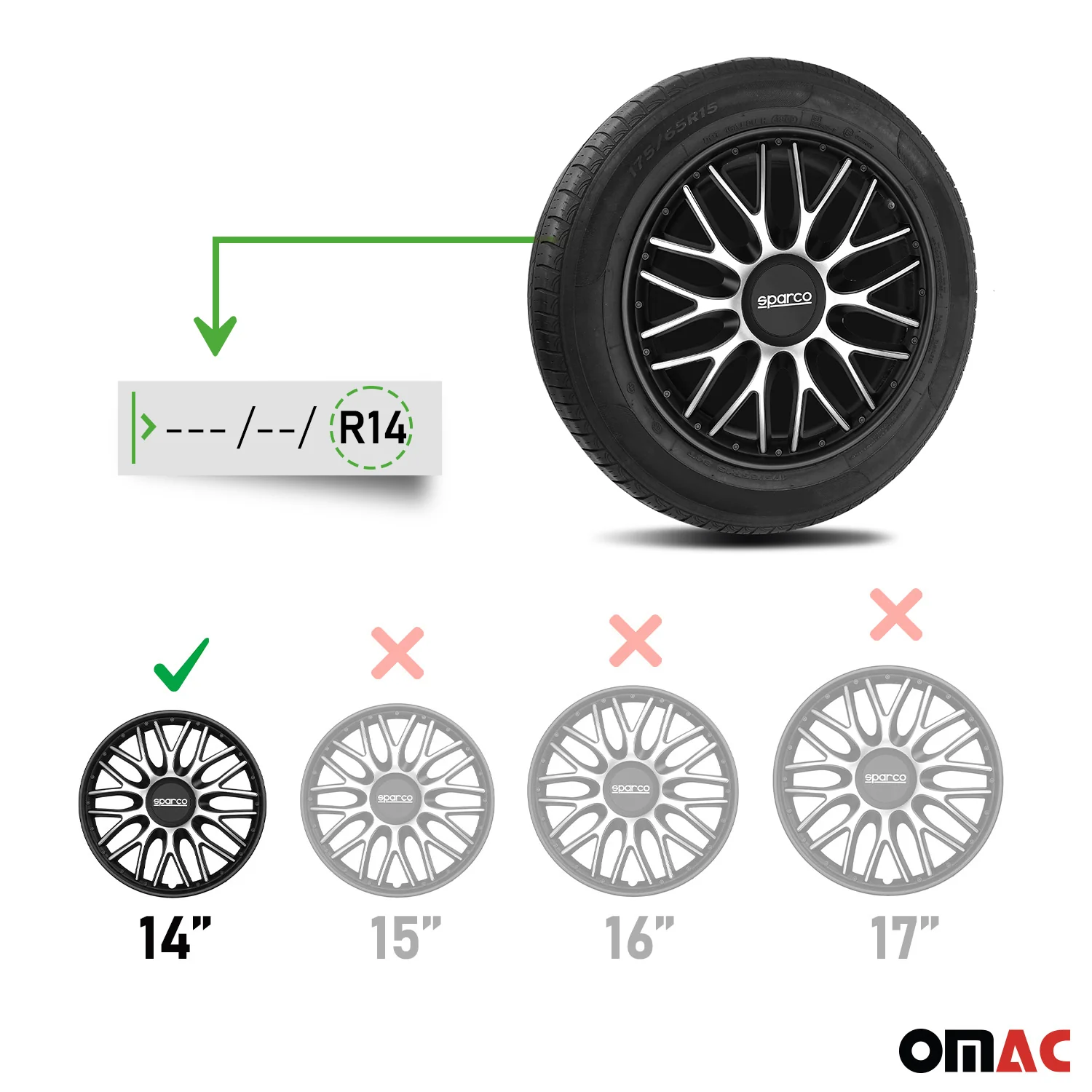 Radkappen Radzierblenden Sparco Roma 14" Zoll Abdeckung Set Silber Schwarz 4x - Image 3
